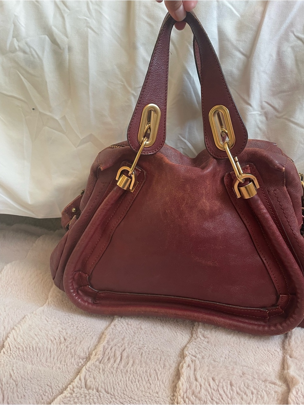Chloe Burgundy Leather Shoulder Bag with Gold Hardware